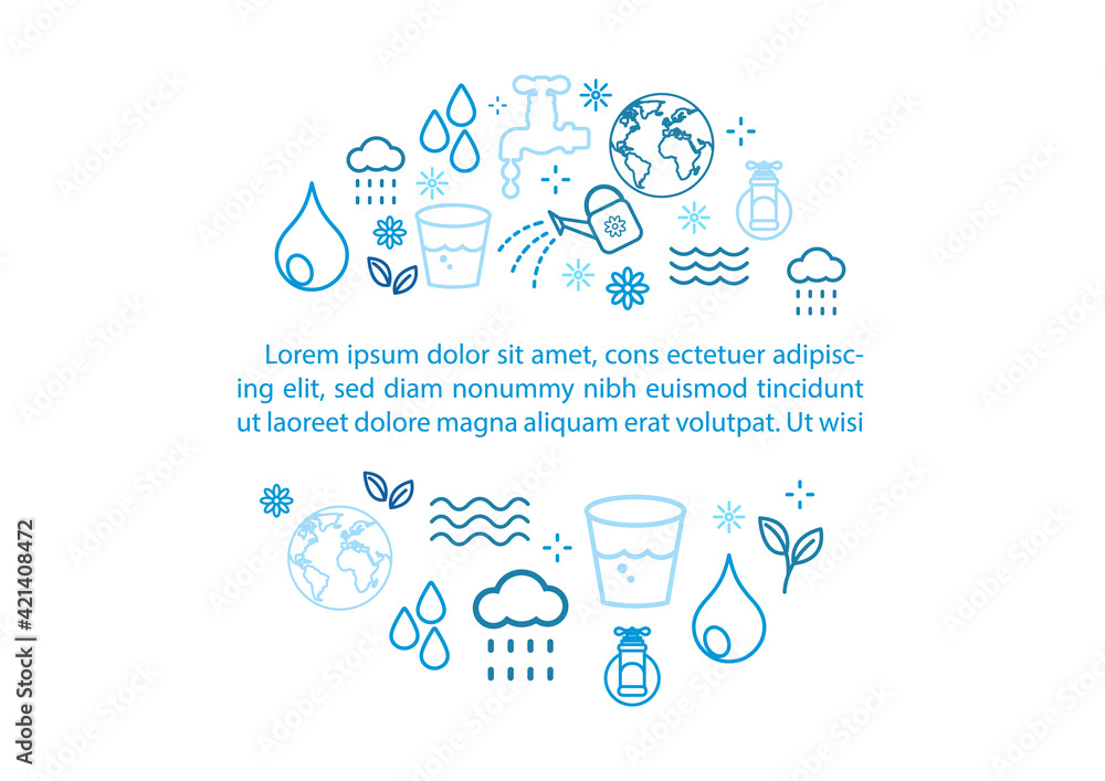 Poster icon set of water in flat style and example texts isolate on white background. card and poster's cam