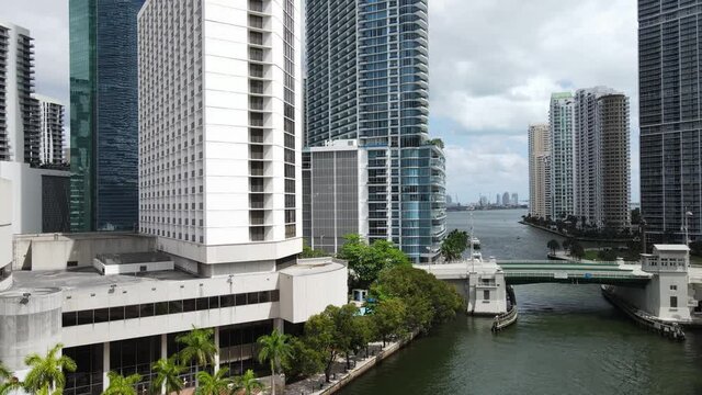 Incredible panning aerial of Downtown Miami and the downtown area complete with the Brickell Avenue bridge