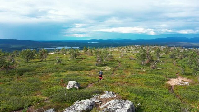 Aerial drone view following a man hiking on top of a fell, sunny day, in Lapland