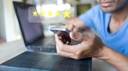 Customer feedback giving five stars rating quality review best service business marketing concept