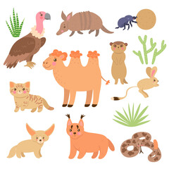 Set of cute desert animals isolated on white background. Vector graphics.