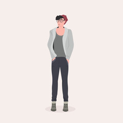 beautiful man standing pose male cartoon character in fashion clothes full length flat