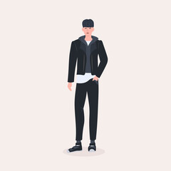 beautiful man standing pose male cartoon character in fashion clothes full length flat