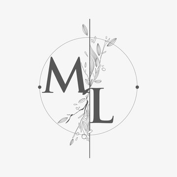 Letter ML Initial Logo with Hand Draw Floral, Initial Wedding Font Logo with Circle and Flowers.