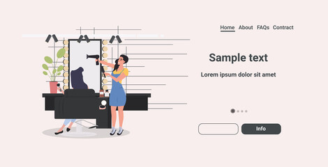 hairdresser using hair dryer making hair style to her client beauty salon concept horizontal copy space full length