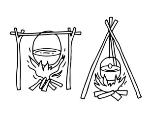 Cooking equipment for the hike. Wooden structure and a tripod for a bowler hat. Vector outline hand drawn illustration in doodle style.