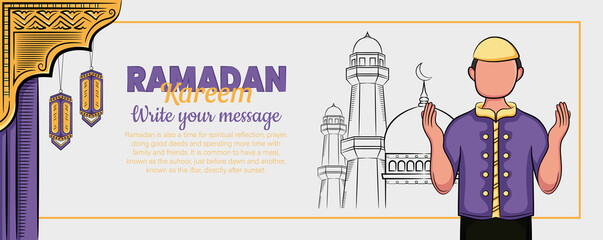ramadan kareem banner with hand drawn islamic illustration ornament white background.