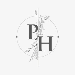 Letter PH Initial Logo with Hand Draw Floral, Initial Wedding Font Logo with Circle and Flowers.