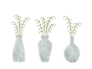 白いすずらんを3本の花瓶に生けた水彩イラスト