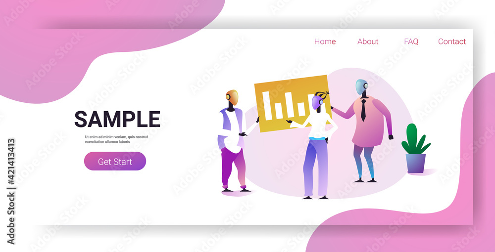 Poster robotic characters analyzing financial graph artificial intelligence technology concept male female 