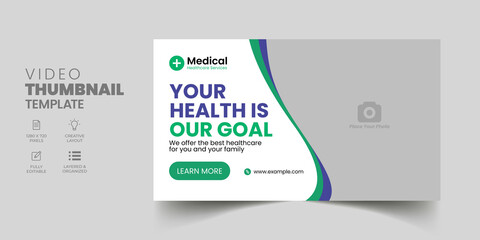 Healthcare video thumbnail and web banner template. Editable medical hospital promotion banner design. Dental clinic social media layout