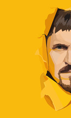 An angry young brown-haired man with a mustache and beard peeks out of a torn hole in the paper. Half face and stern look. Yellow background, copy space, vector illustration.