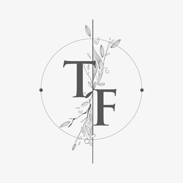 Letter TF Initial Logo with Hand Draw Floral, Initial Wedding Font Logo with Circle and Flowers.