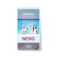 Fototapeta na wymiar robot and woman tv presenters sitting at table in news studio artificial intelligence technology live news concept world map background mobile app copy space portrait