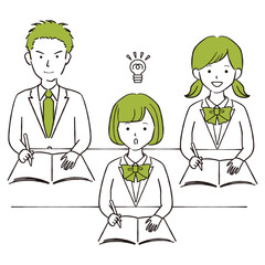 手描き1color　現役高校生中学生の男女　ブレザー　教室でお勉強