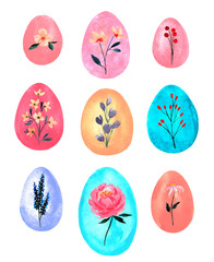 Set of colorful hand drawn easter eggs with floral ornaments. Watercolor clipart isolated on white background. Happy Easter.