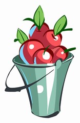 Cartoon iron bucket with red Apple harvest