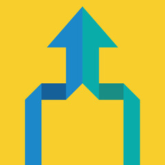 origami arrow formed by two merging blue and green lines on yellow background. Partnership, merger, alliance and integration concept. Flat design. Vector illustration, no transparency, no gradients