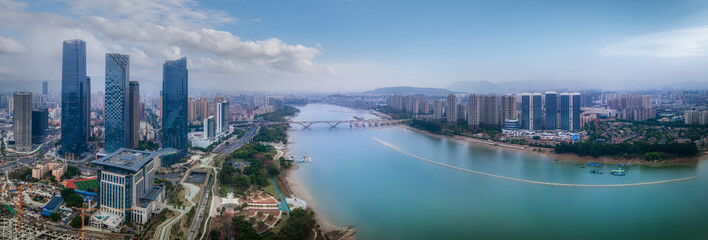 Obraz premium Aerial photography night view of modern architecture in Fuzhou city, China