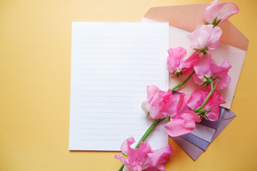 Spring greeting concept. Pink　Sweet pea flowers with blank letter set on yellow background. Colorful Spring time. 
春のお便り、季節の挨拶、スイートピーと手紙