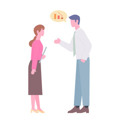 Two business people are meeting and having a conversation. flat design style minimal vector illustration.