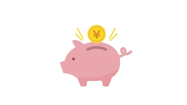 ブタの貯金箱にお金が入ってくループアニメーション　動画　貯金　お金　硬貨　コイン　預金　アイコン