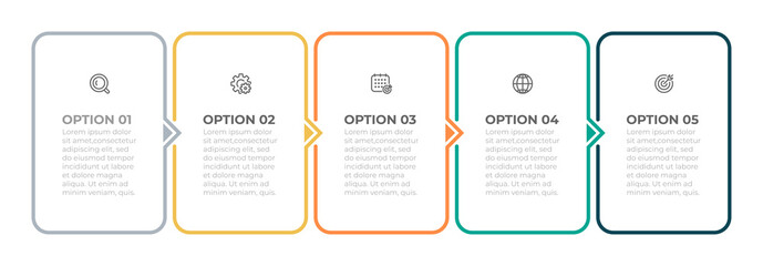 Obraz premium Thin line elements infographic label design with arrows. Business concept with icons and 5 options or steps.