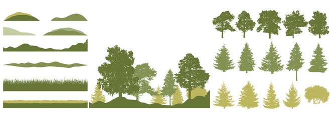 Spring season, constructor kit of trees, grass, hill. Beautiful silhouettes of spruce and pine and coniferous trees and birch, etc. Set of design elements. Vector illustration. © nosyrevy