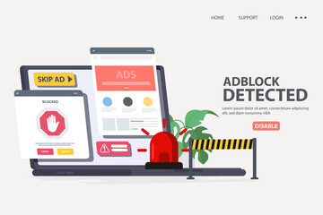 Please, disable ad blocker vector web browser message banner illustration for your blog or website. Ad blocker detection alert