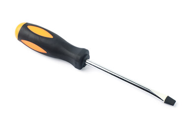 Close up Screwdriver, metal tool, plastic handle, orange-black, for repairing, isolated on white background. With clipping path.