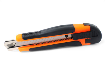 Steel Cutter Knife, Orange Rubber Handle Used for cutting things. Isolated on a white background with a clipping path.
