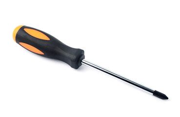 Close up Screwdriver, metal tool, plastic handle, orange-black, for repairing, isolated on white background. With clipping path.