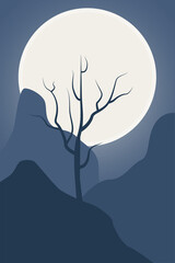 Abstract contemporary aesthetic night landscape. Mountains, moon, dry wood. Minimalist nature print. Vector illustration.