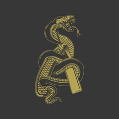 Illustration of snake on barber razor. Design element for poster, card, banner, sign. Vector illustration