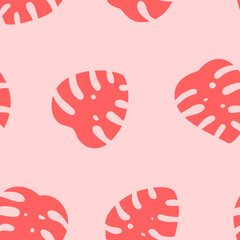 Monstera leaf seamless vector pattern. Green leaves isolated on pink background. Trendy Fabric textile, wrapping paper