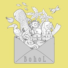 Envelope. Vector illustration. Elements. Letter. Yellow background. Paper. Bohol island. Tarsier, nautilus, cat, whale shark, snake, church, palms, hornbill, plane, fish.
