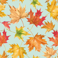 Beautiful seamless autumn pattern with watercolor colorful maple leaves. Stock illustration.