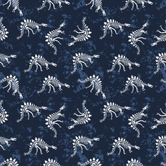 Vector cute dinosaur seamless pattern for kids textile. Background with dino skeletons.