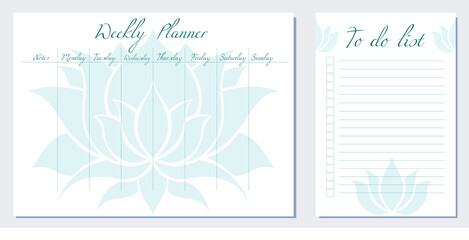 Set of day organization templates with silhouette ofl lotus. Weekly planner and to do list. Stylization of blue water lily. Spirituality template setting tasks for the day and for the week