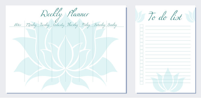 Set of day organization templates with silhouette ofl lotus. Weekly planner and to do list. Stylization of blue water lily. Spirituality template setting tasks for the day and for the week