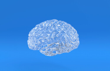 Empty glass brain model in blue background, 3d rendering