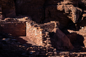 ancient ruins of pueblos of the indigenous people of North America and arid landscape  in the Wupatki National Monument in Arizona.