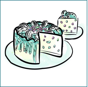 Cake With Blue Cream. For The Boy's Birthday. Postcard. .contour Dessert. Coloring. Black And White Drawing. Biscuits, Whipped Cream, White Chocolate. Menu Design, Restaurant. Vector Eps 10