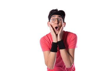 A young guy in shorts and a T-shirt goes in for sports and fitness. Retro style. 80s, 90s, 70s. Isolate. White background.
