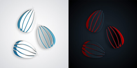 Paper cut Seeds of a specific plant icon isolated on grey and black background. Paper art style. Vector