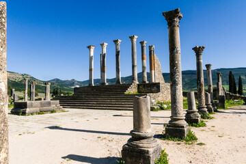 Fototapeta premium UNESCO heritage. Extensive complex of ruins of the Roman city Volubilis - of ancient capital city of Mauritani. Meknes region, Morocco, North Africa