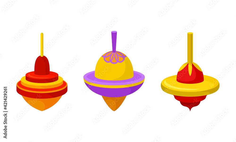 Poster bright humming top or spinning top as squat toy with sharp point at the bottom vector set