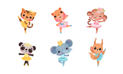 Cute Mammals with Panda and Elephant in Ballerina Dress and Crown on Head Dancing Vector Set