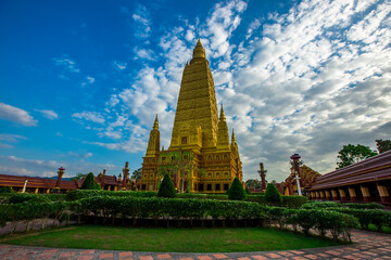 Fototapeta premium The beautiful sculpture background of, Wat Bang Thong, surrounded by trees, has a large area, is a religious tourist attraction in Krabi, with tourists always visiting, Thailand