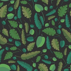 Pattern with green leaves on gray background. Vector illustration. Ornament with natural objects.  Textile, paper design. Scrapbooking, sewing, presents decoration.